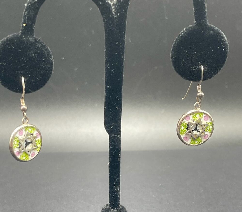 Star of David Sterling Silver Earrings Pink Green Millefiori Glass VTG Colorful